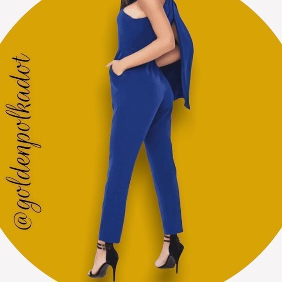 LAVISH Alice One Shoulder Cape Holiday Jumpsuit Navy Blue NWT size 4 Ret $168 - Picture 2 of 5